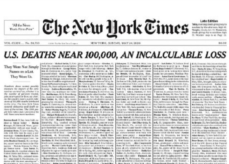 Covid-19 World Review: නිව් යෝර්ක් ටයිම්ස් පුවත්පතේ මුල් පිටුව මරණ දැන්වීමක් කරයි !